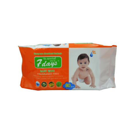 7 Days Baby Wipes Fragrance Free, Pack of 80 Wipes
